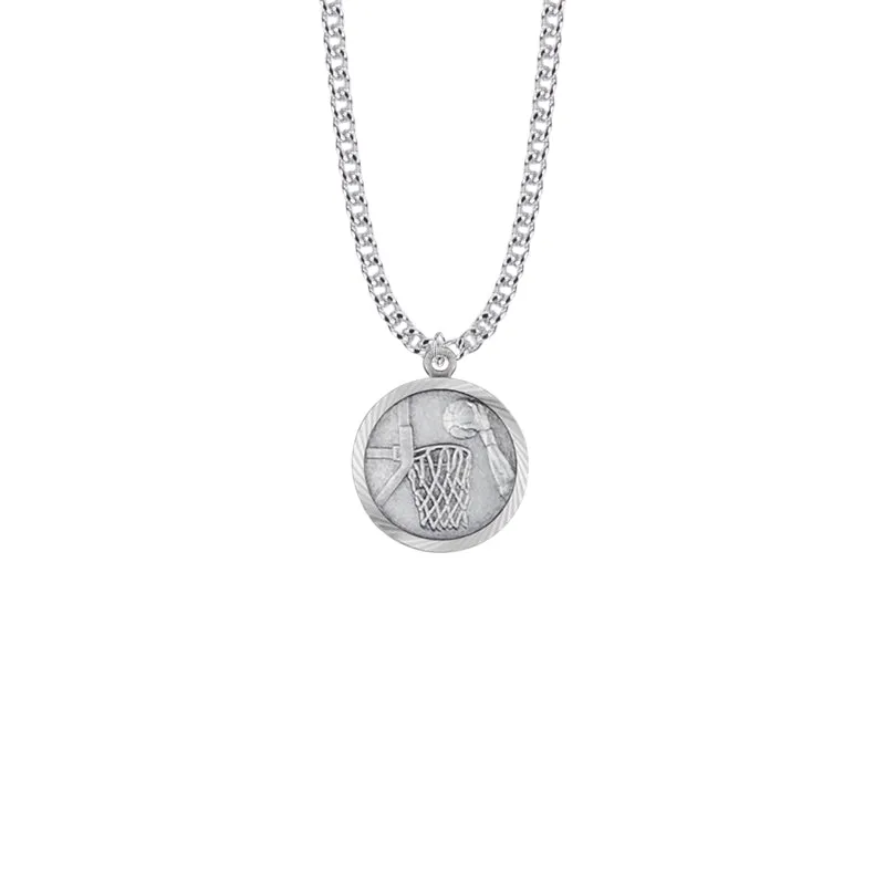 15/16 Inch Round Sterling Silver Boy's Basketball Player Medal with Cross on Back