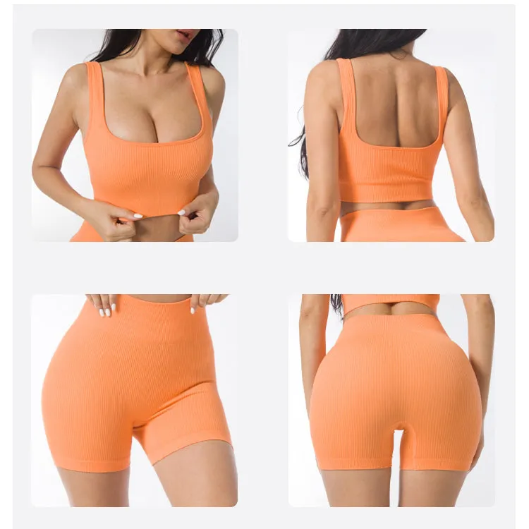 2023 Breathable Customizable Elasticity Gym Fitness Sets Women 2 Piece Seamless Summer Yoga Sports Bra Sweat Shorts Yoga Set