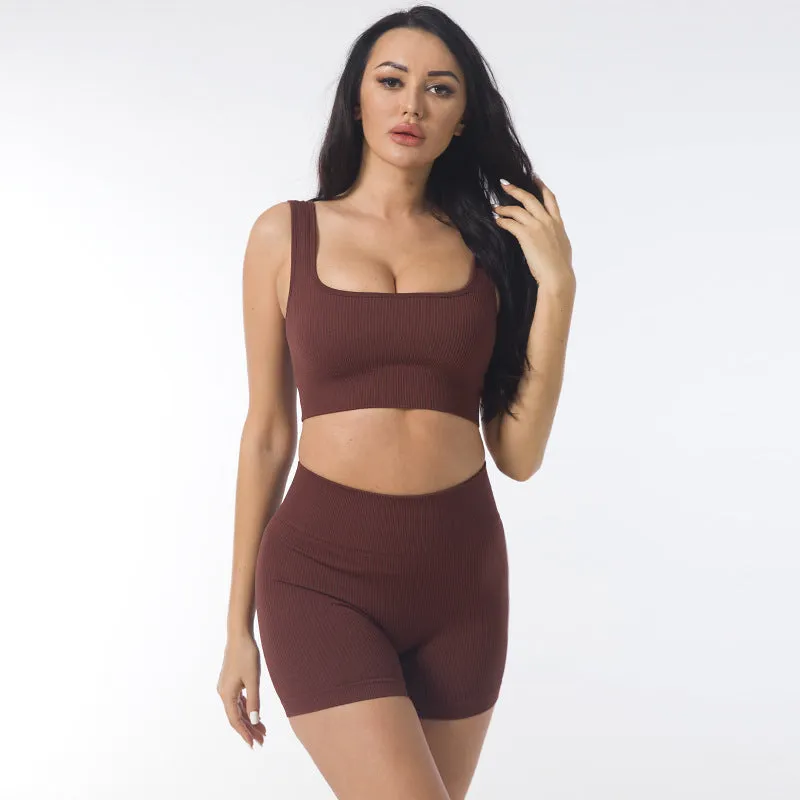 2023 Breathable Customizable Elasticity Gym Fitness Sets Women 2 Piece Seamless Summer Yoga Sports Bra Sweat Shorts Yoga Set
