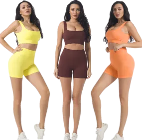 2023 Breathable Customizable Elasticity Gym Fitness Sets Women 2 Piece Seamless Summer Yoga Sports Bra Sweat Shorts Yoga Set
