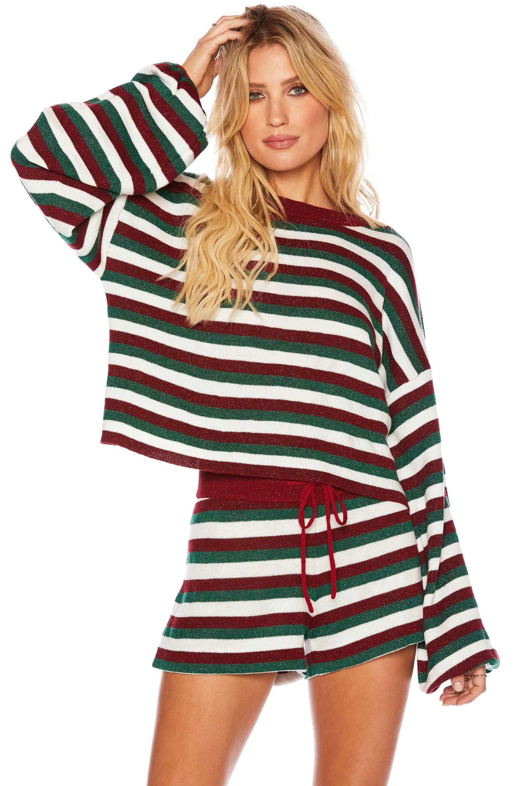 Beach Riot Women's Ava Long Sleeve Sweater - Festive Stripe Red & Green