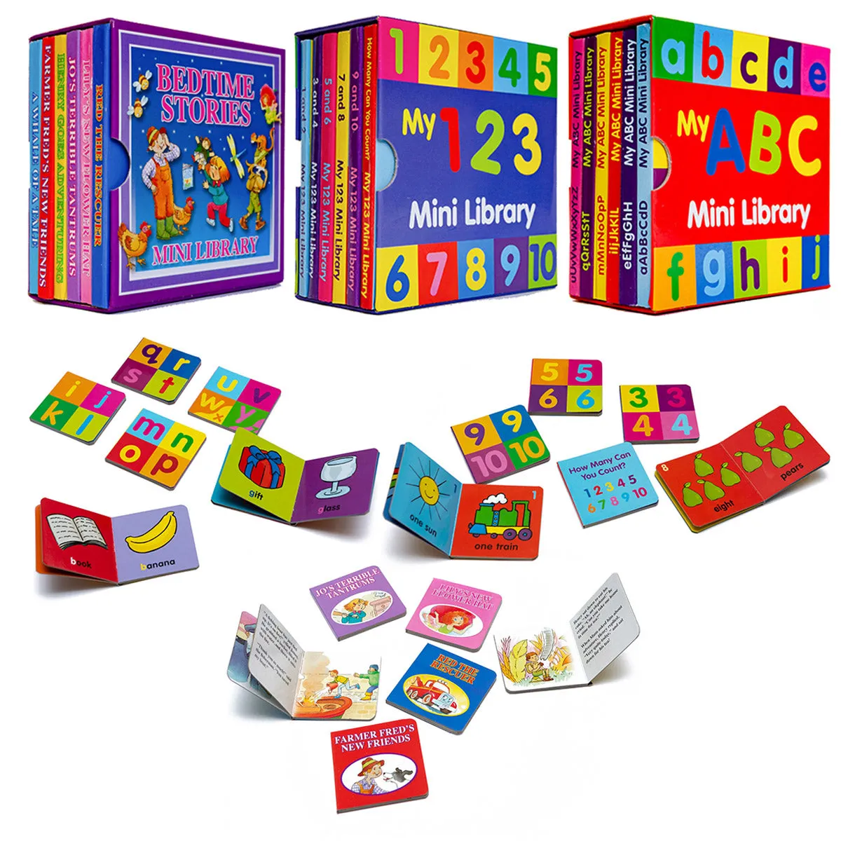 Bedtime Stories - My 123 - My ABC - Mini Library Board Books 3 Sets of 6
