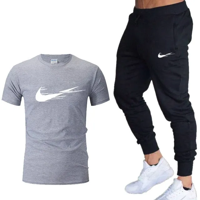 Casual tracksuit summer print suits sportwear men jogging fitness set clothing 2020 Men's sets t shirts   pants two pieces sets