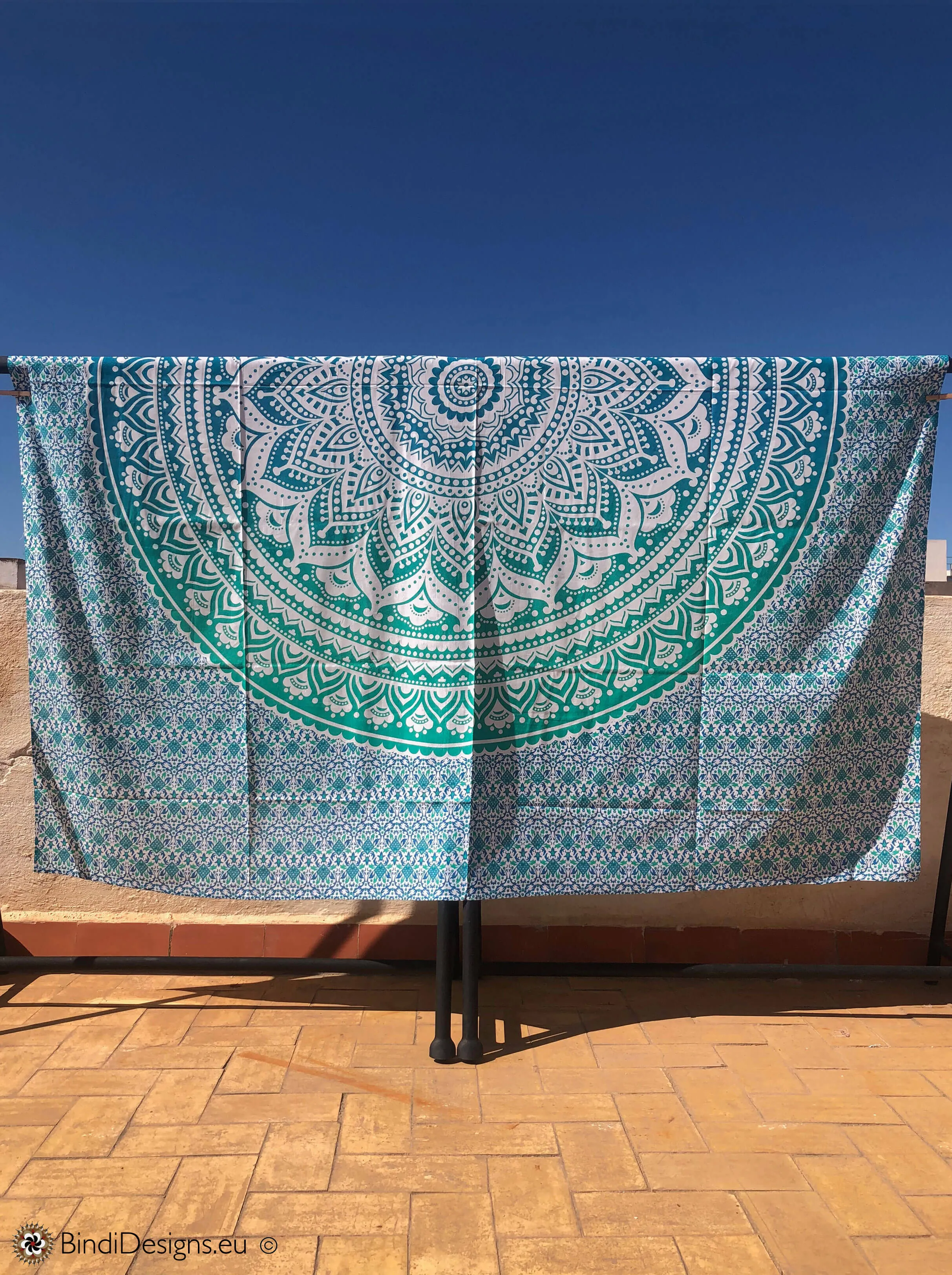 Extra Large Cotton Throw with Turquoise Mandala Pattern