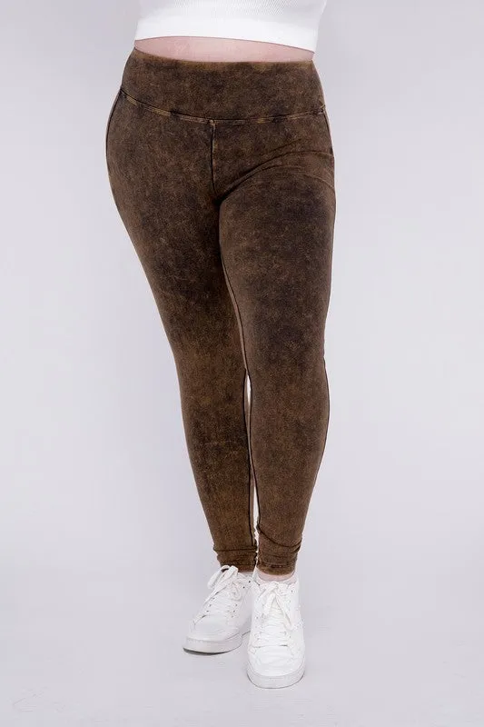 Hi Curvy Plus Size Women Mineral Washed Wide Waistband Yoga Leggings