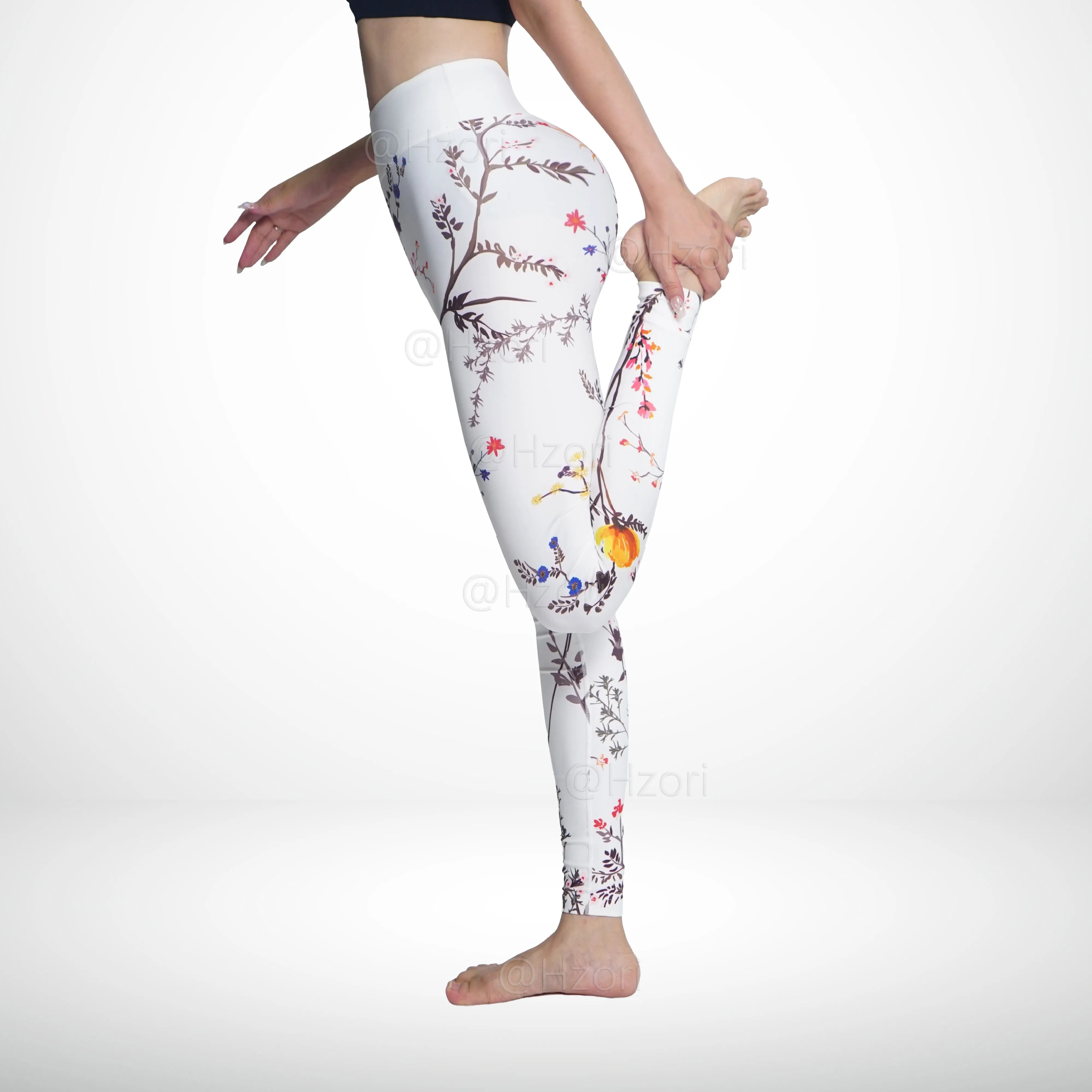 HZORI® |High Waist Printed Yoga Pants for Women, Tummy Control Running Sports Workout Yoga Leggings|Twigs White Style