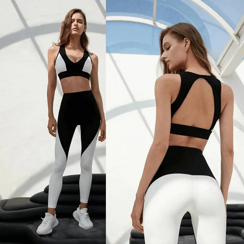 Patchwork Color High Stretchy Soft Fitness Set for Women - SF1674