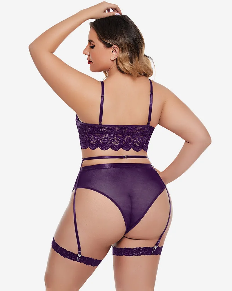 Plus Size Floral Lace Trim Bra High Waist Panties Set