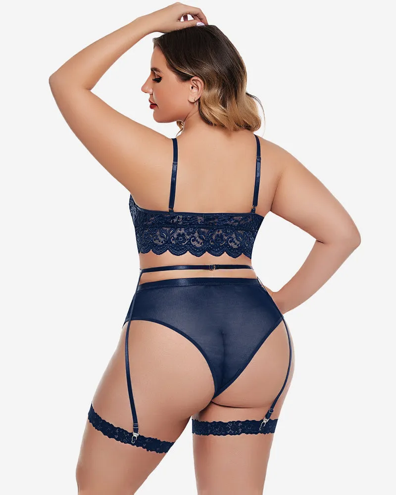 Plus Size Floral Lace Trim Bra High Waist Panties Set
