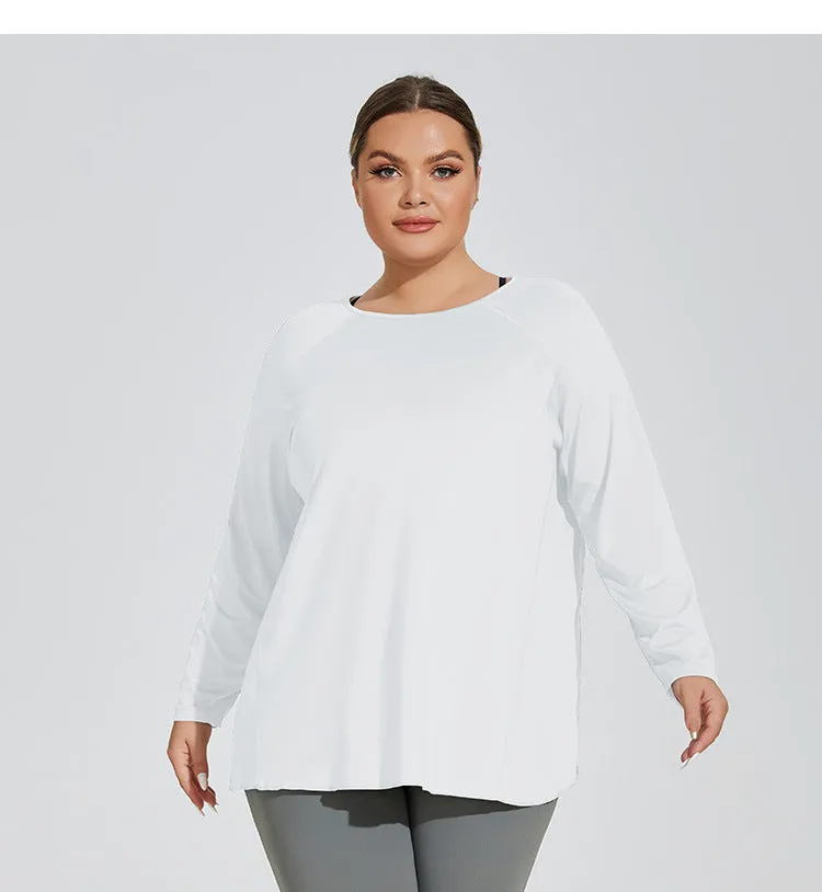 Plus Size Slit Beauty Back Yoga Clothes Women Loose Quick Drying Running Sport Long Sleeve Top Breathable Workout Blouse