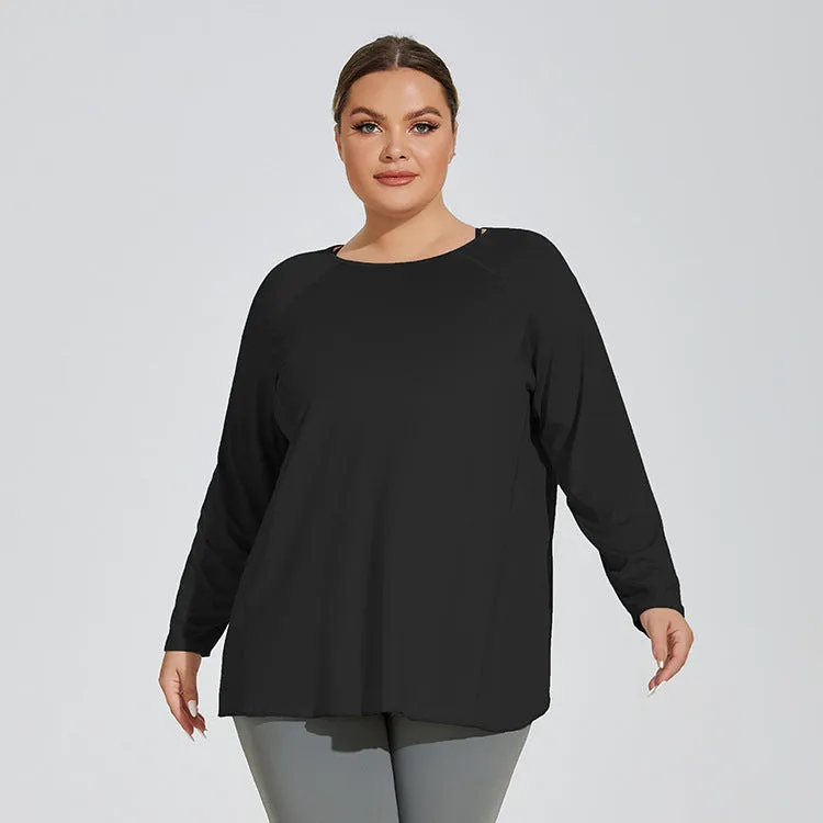 Plus Size Slit Beauty Back Yoga Clothes Women Loose Quick Drying Running Sport Long Sleeve Top Breathable Workout Blouse