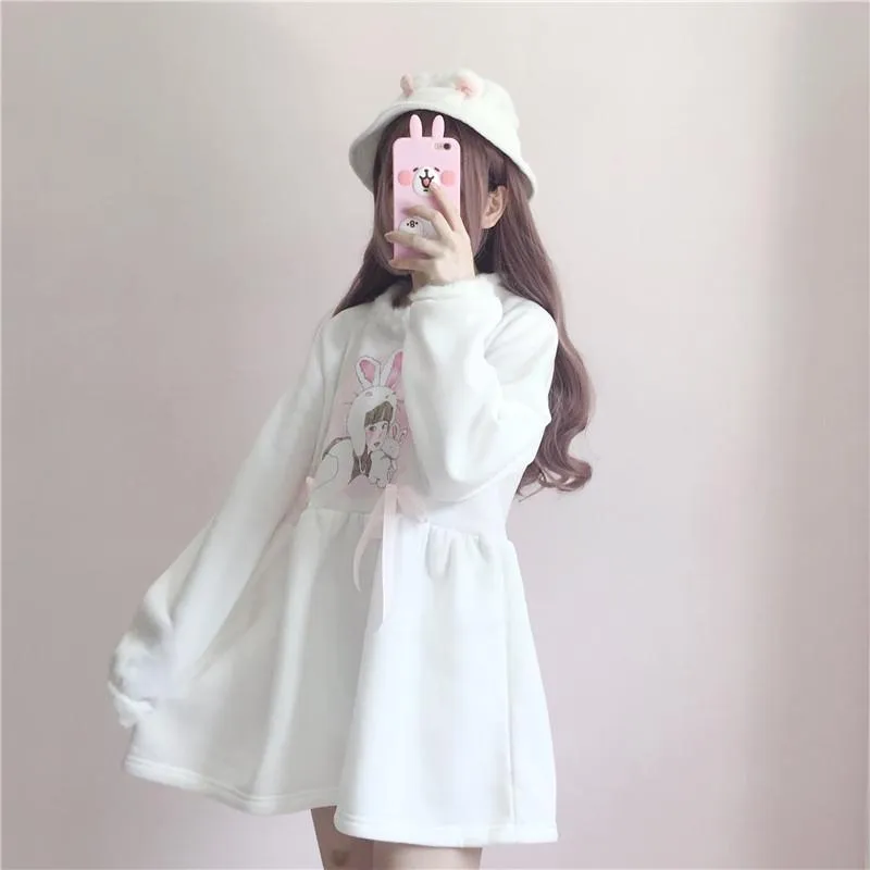 Rabbit Printed Loose Velvet Long Sleeved Dress