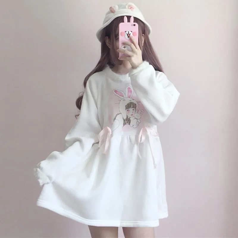 Rabbit Printed Loose Velvet Long Sleeved Dress