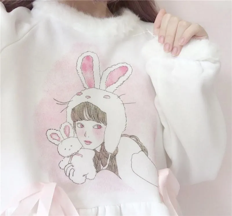 Rabbit Printed Loose Velvet Long Sleeved Dress