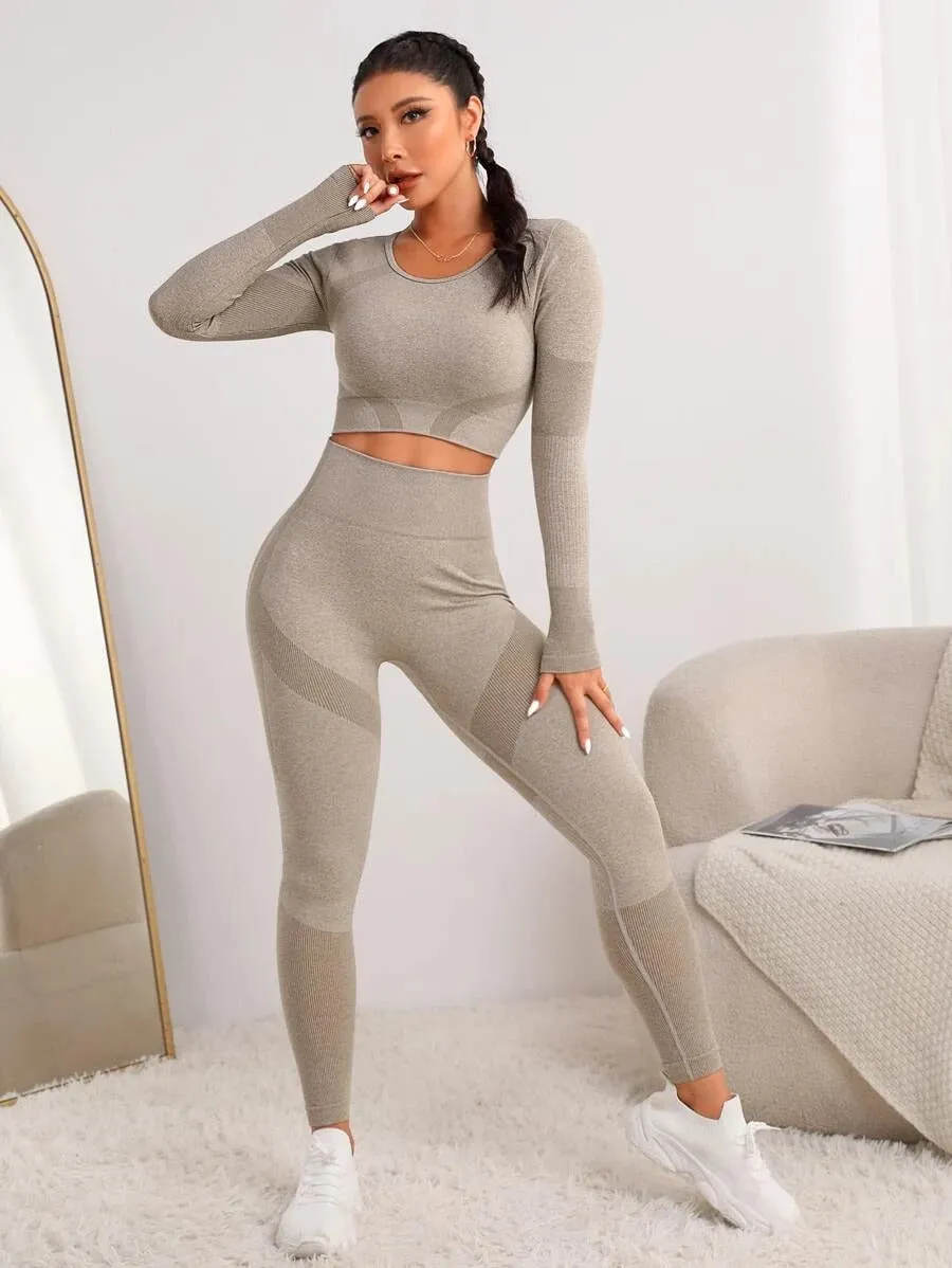Seamless High Elasticity Thumb Holes Sports T-Shirt & Leggings