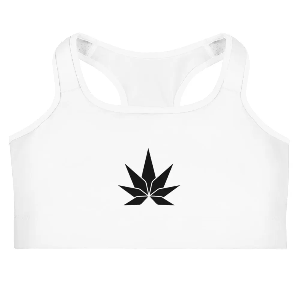 White  Sports Bra Black Cannabis Leaf